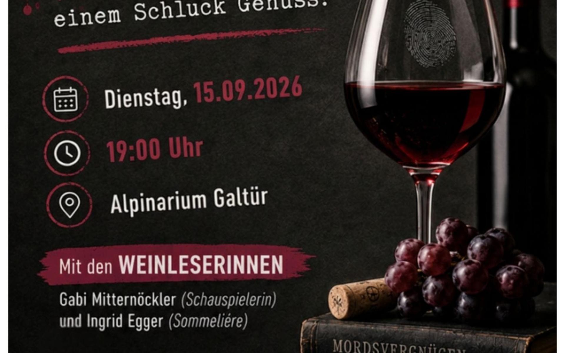 Ein schwarzer Hintergrund Glas Rotwein und Einladungstext zur Veranstaltung Crime and Wine