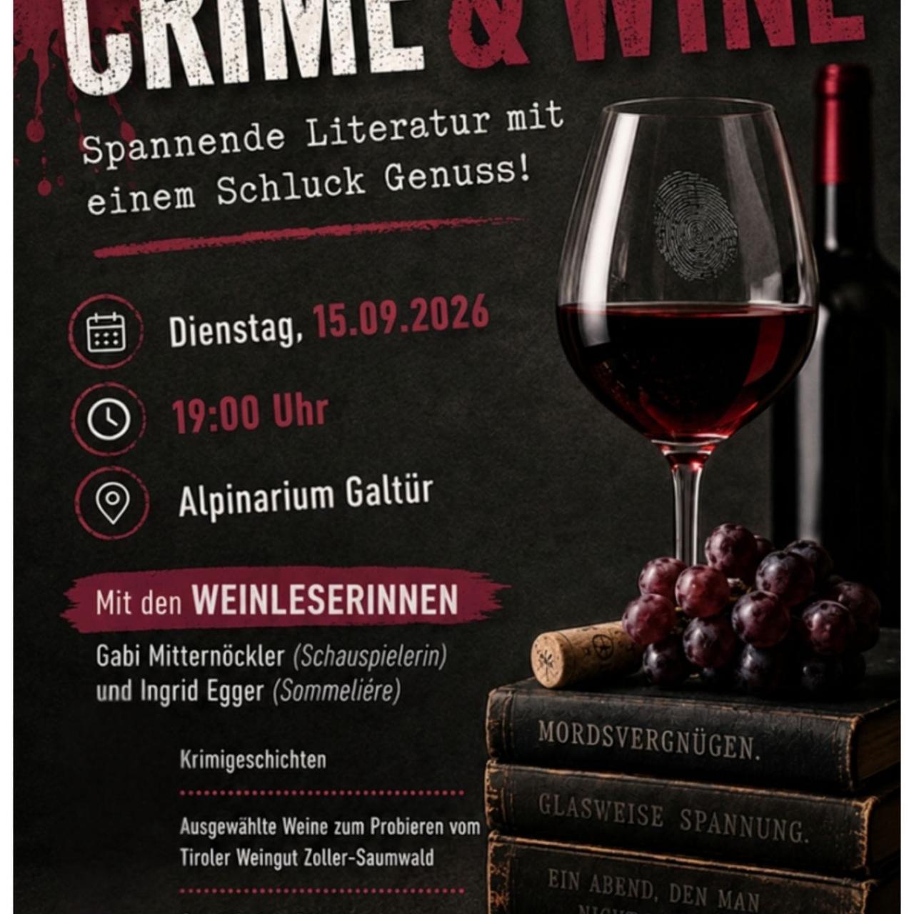 Ein schwarzer Hintergrund Glas Rotwein und Einladungstext zur Veranstaltung Crime and Wine